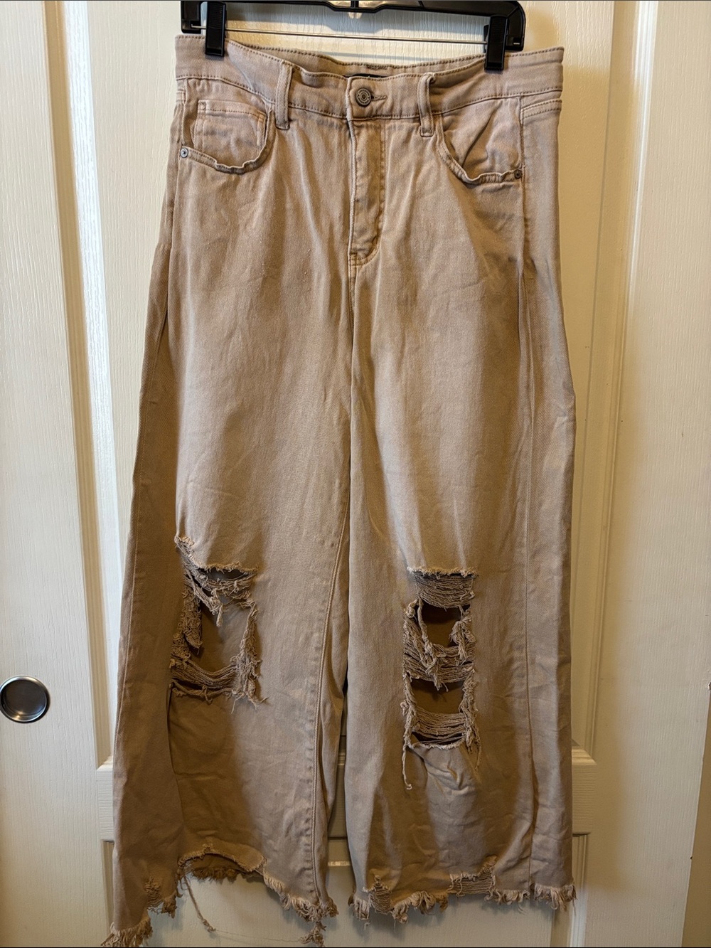 Lucky & Blessed Taupe Distressed Wide-Leg Jeans